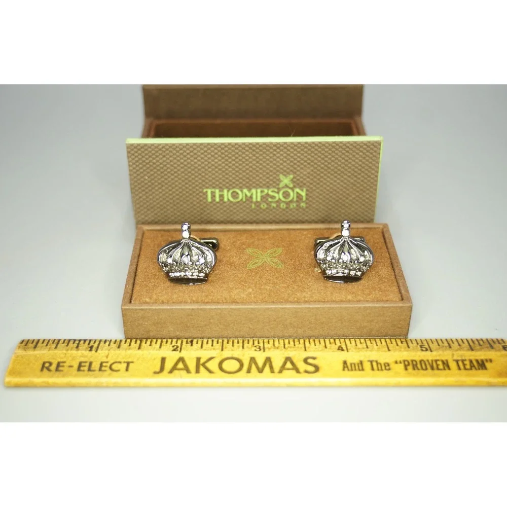 Thompson London Crown Cufflinks Gunmetal Crystal‎ Royal King Formal Mens Jewelry